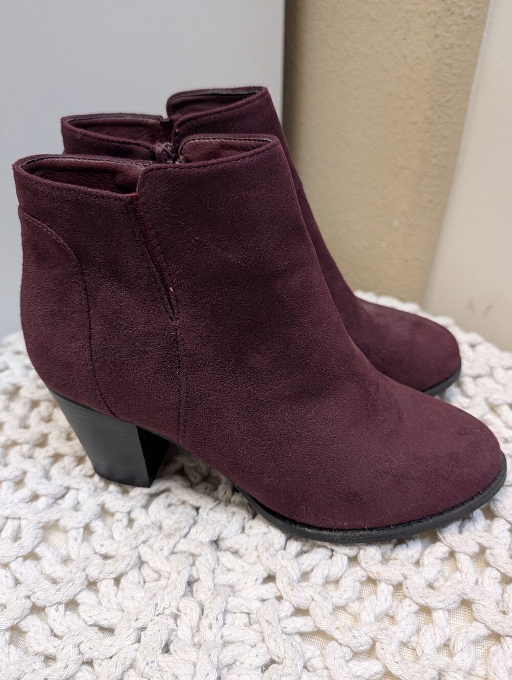 Women's Burgundy Suede Ankle Boots - Elegant Block Heel